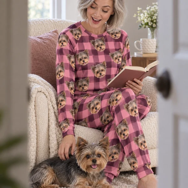 Woman in a plus size pajama sets with her Yorkshire terrier — MyDogPics