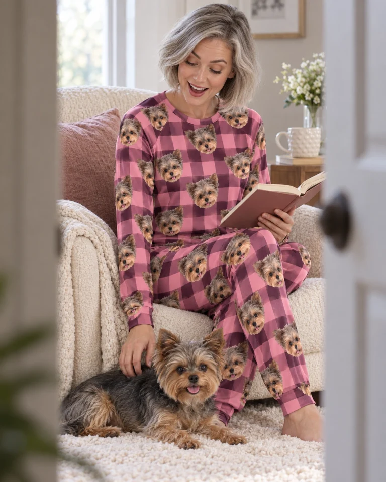 Woman in a plus size pajama sets with her Yorkshire terrier — MyDogPics