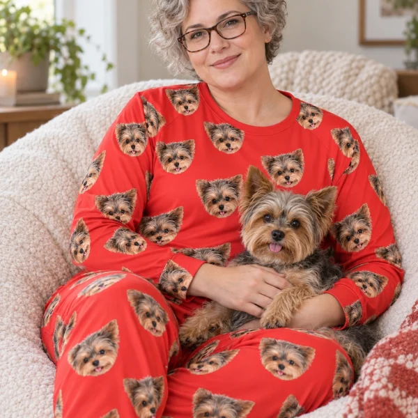 Woman in a plus size pajama sets with her Yorkshire terrier — MyDogPics