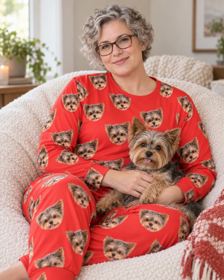 Woman in a plus size pajama sets with her Yorkshire terrier — MyDogPics