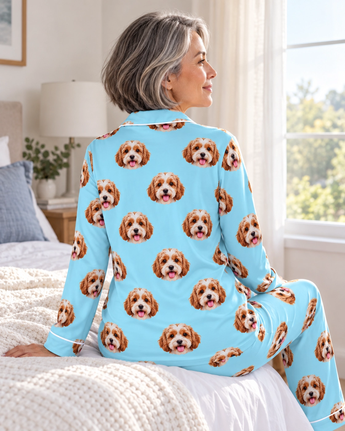 Plus Size Pajamas – Back View, Light Blue | MyDogPics Back view of plus size pajamas: the print continues all the way round — MyDogPics