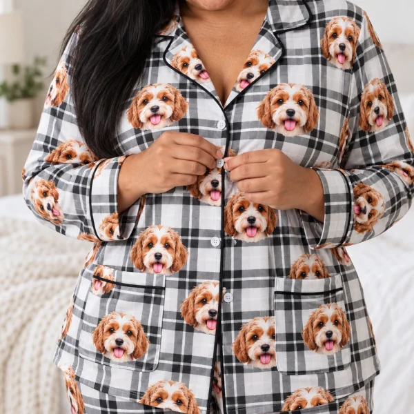 Close-up of the plus size pajamas print: doodle puppy faces on white plaid fabric with contrast piping — MyDogPics
