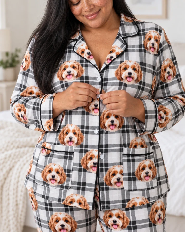 Close-up of the plus size pajamas print: doodle puppy faces on white plaid fabric with contrast piping — MyDogPics