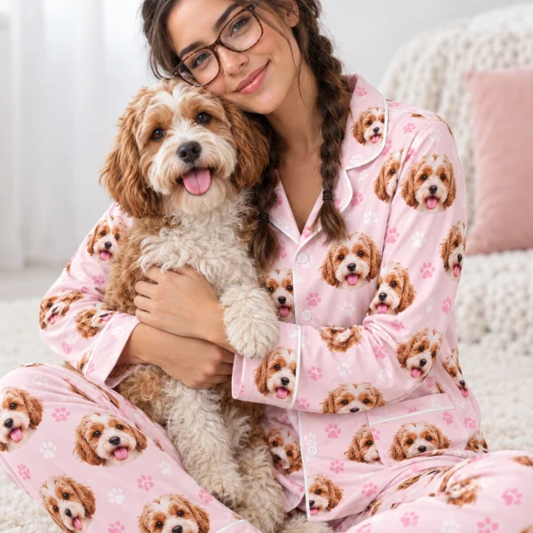 Woman in plus size pajamas cuddling her doodle puppy — MyDogPics