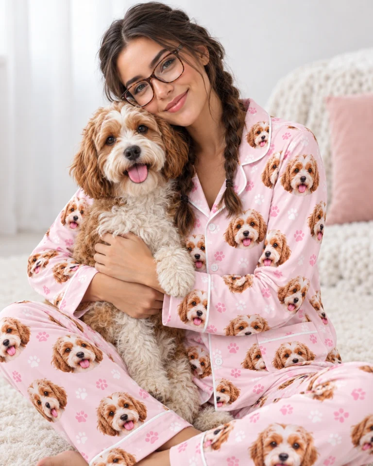 Woman in plus size pajamas cuddling her doodle puppy — MyDogPics