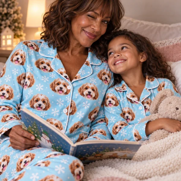 Woman and her family in matching plus size pajamas with doodle puppy faces — MyDogPics