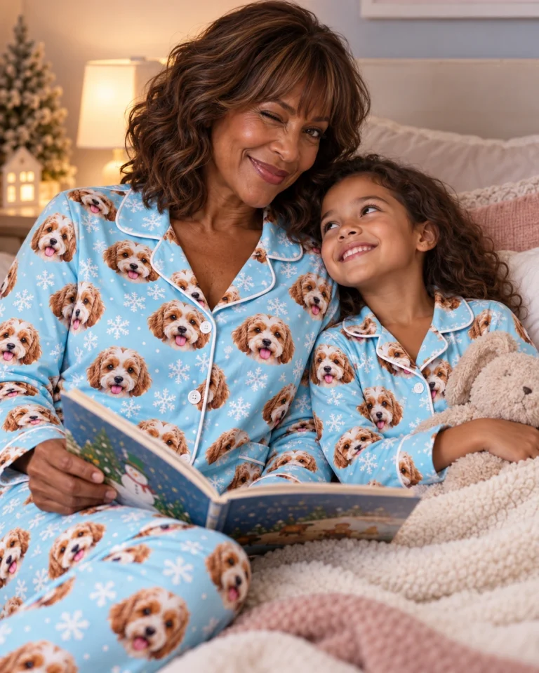 Woman and her family in matching plus size pajamas with doodle puppy faces — MyDogPics