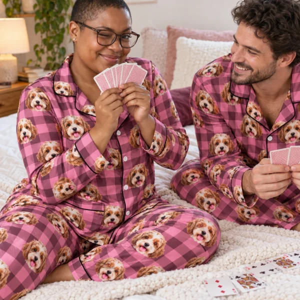 Woman and her partner in matching plus size pajamas with doodle puppy faces — MyDogPics