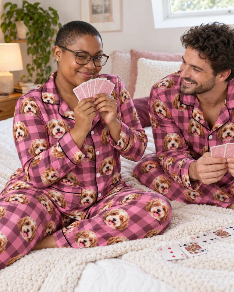 Woman and her partner in matching plus size pajamas with doodle puppy faces — MyDogPics