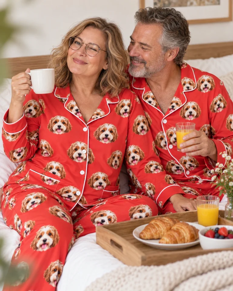 Woman and her partner in matching plus size pajamas with doodle puppy faces on red fabric with contrast piping — MyDogPics
