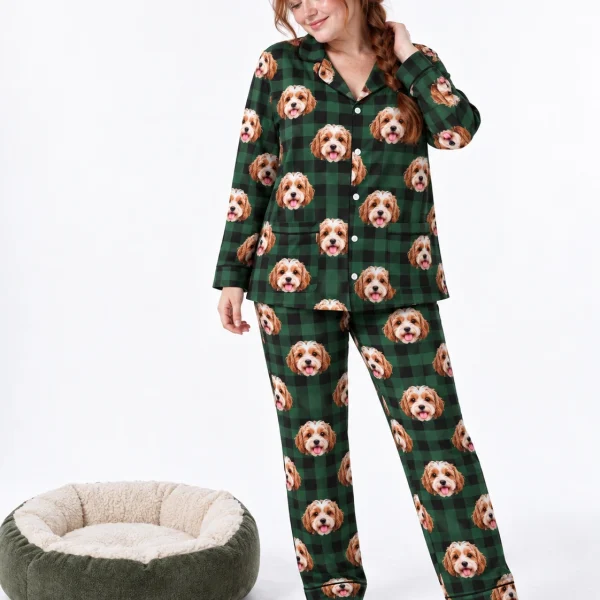 Woman wearing plus size pajamas covered in doodle puppy faces on green plaid fabric with contrast piping — MyDogPics