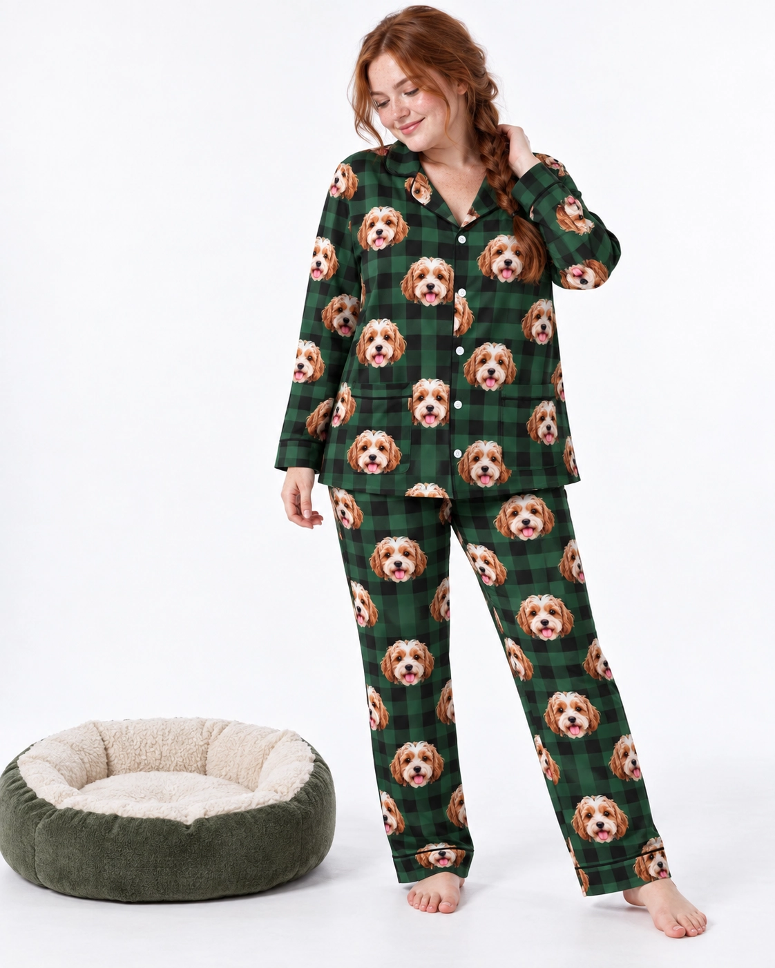 Plus Size Pajamas – Front View, Green Plaid | MyDogPics Woman wearing plus size pajamas covered in doodle puppy faces on green plaid fabric with contrast piping — MyDogPics