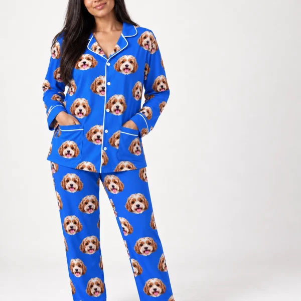 Woman wearing plus size pajamas covered in doodle puppy faces on royal blue fabric with contrast piping — MyDogPics