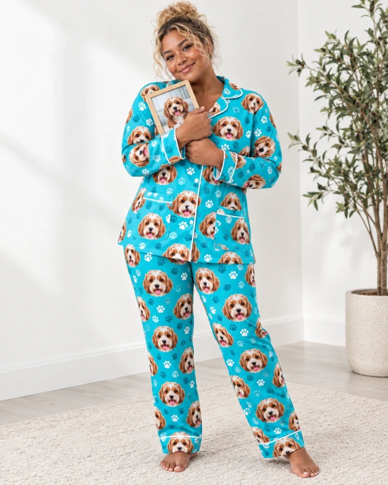 Woman wearing plus size pajamas covered in doodle puppy faces on teal paw-print fabric with contrast piping — MyDogPics