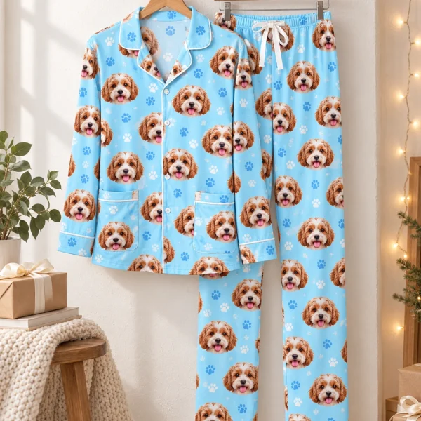 Plus size pajamas shirt and pants hanging up, covered in doodle puppy faces — MyDogPics