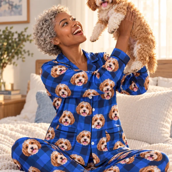 Woman in plus size pajamas holding her doodle puppy — MyDogPics