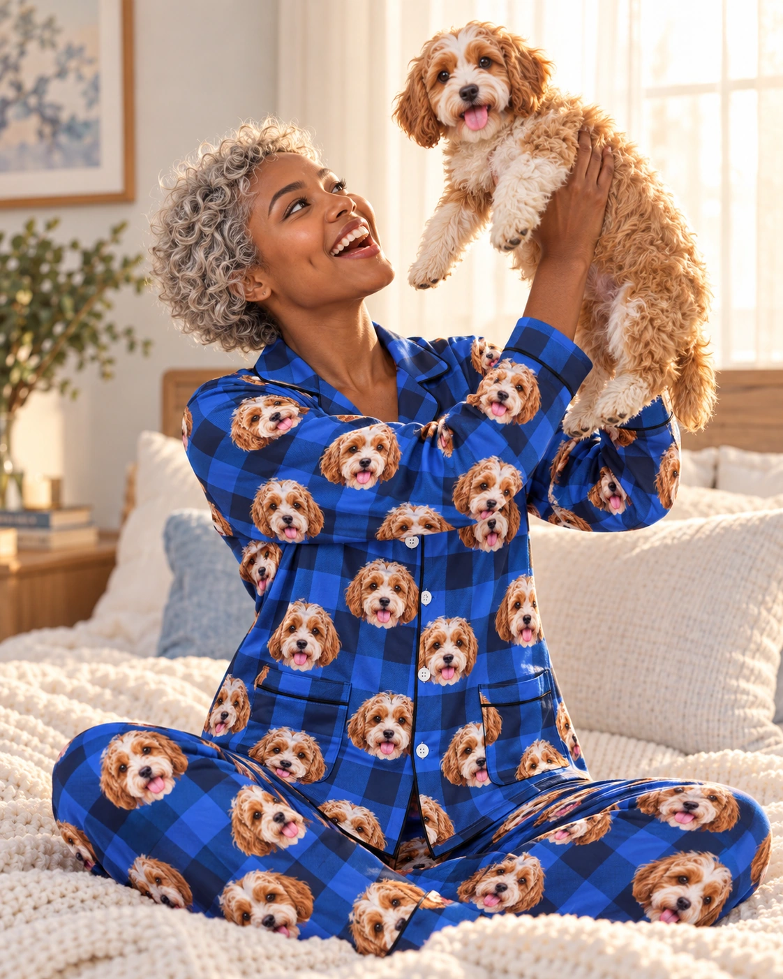 Plus Size Pajamas – Holding Dog, Blue Plaid | MyDogPics Woman in plus size pajamas holding her doodle puppy — MyDogPics