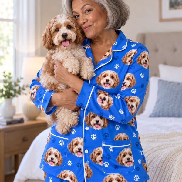 Woman in plus size pajamas holding her doodle puppy — MyDogPics