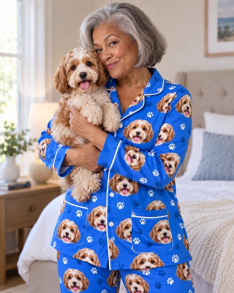 Woman in plus size pajamas holding her doodle puppy — MyDogPics