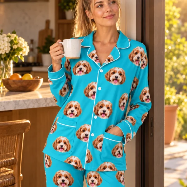 Woman posing in plus size pajamas, doodle puppy faces on teal fabric with contrast piping — MyDogPics