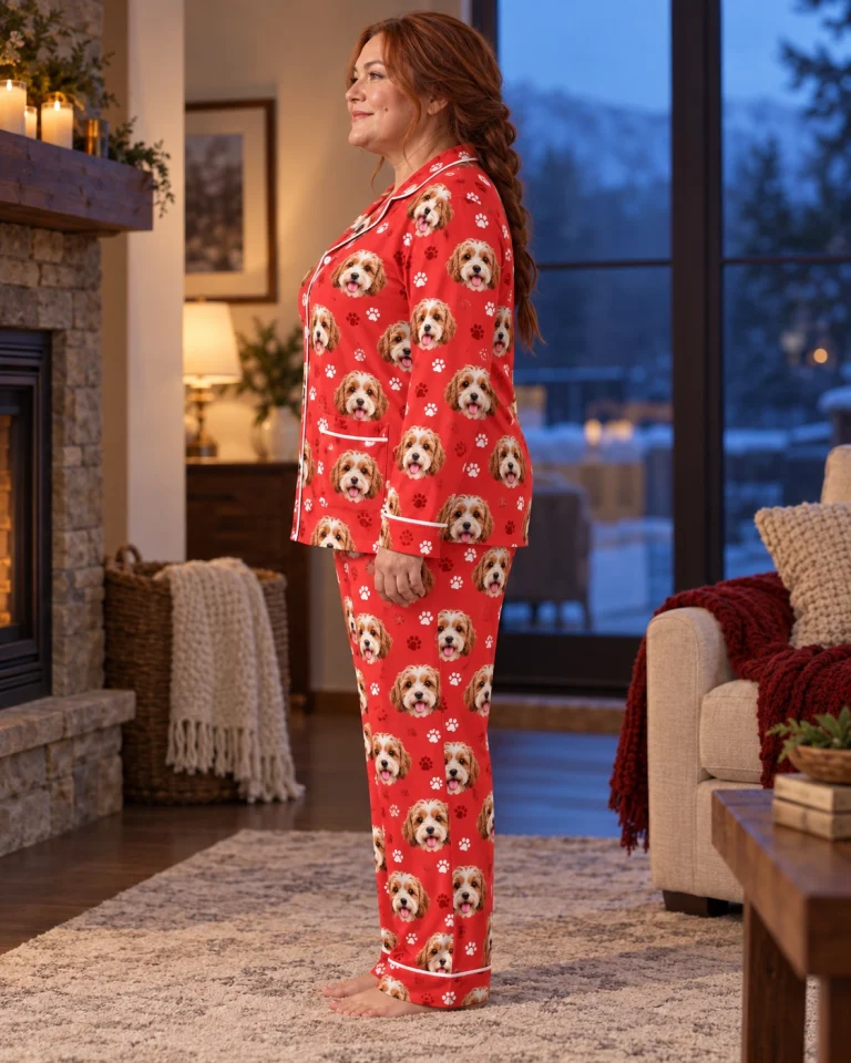 Side view of plus size pajamas with doodle puppy faces on red paw-print fabric with contrast piping — MyDogPics
