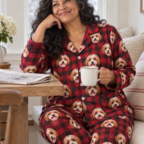 Woman sitting in plus size pajamas covered in doodle puppy faces — MyDogPics