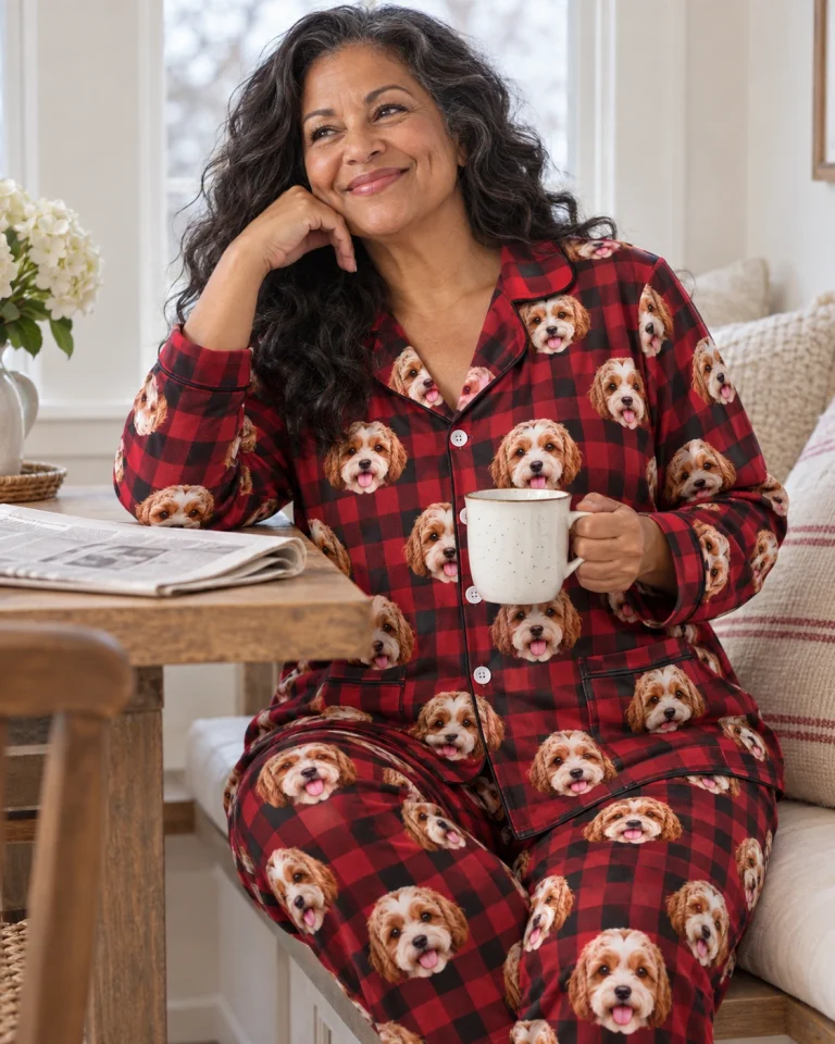Woman sitting in plus size pajamas covered in doodle puppy faces — MyDogPics