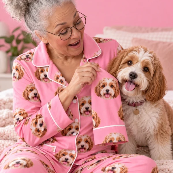 Woman in plus size pajamas with her doodle puppy — MyDogPics