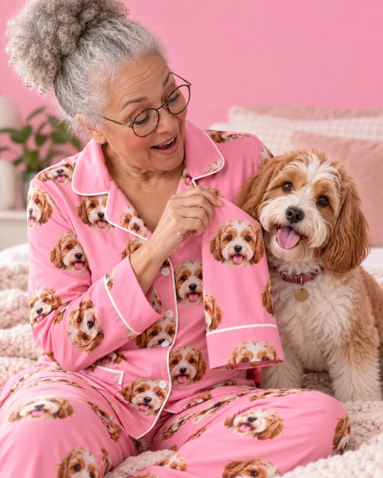 Woman in plus size pajamas with her doodle puppy — MyDogPics