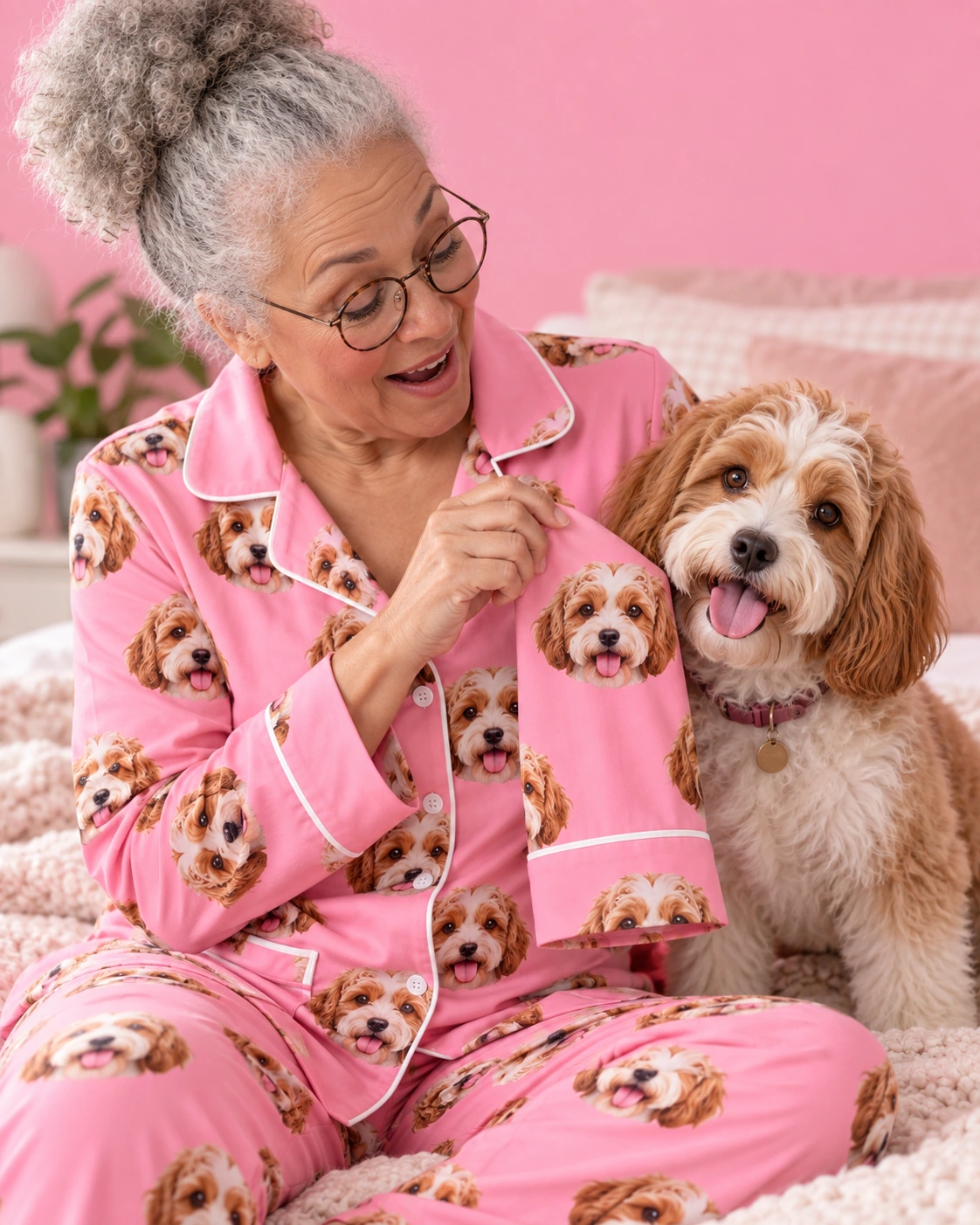 Plus Size Pajamas – With Dog, Pink | MyDogPics Woman in plus size pajamas with her doodle puppy — MyDogPics