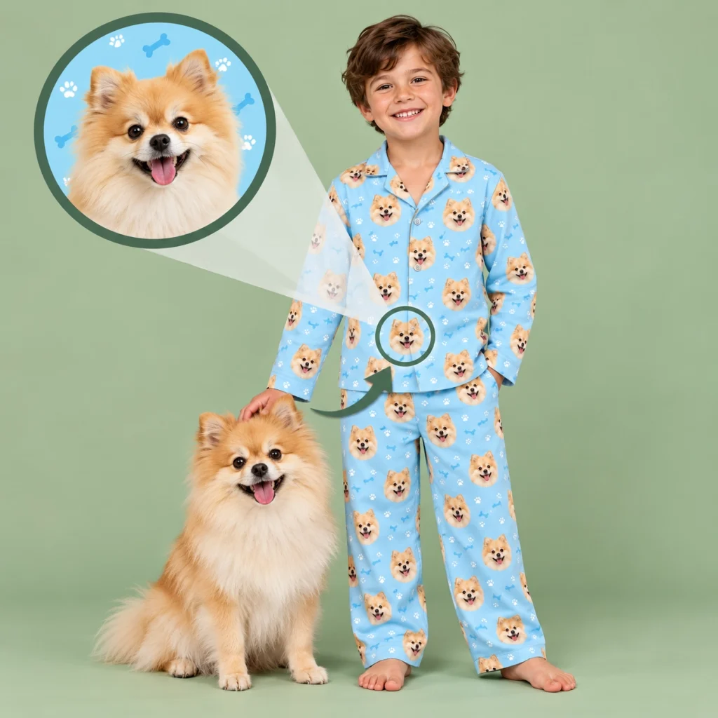 Puppy pajamas example: a Pomeranian photo turned into the all-over face print — MyDogPics