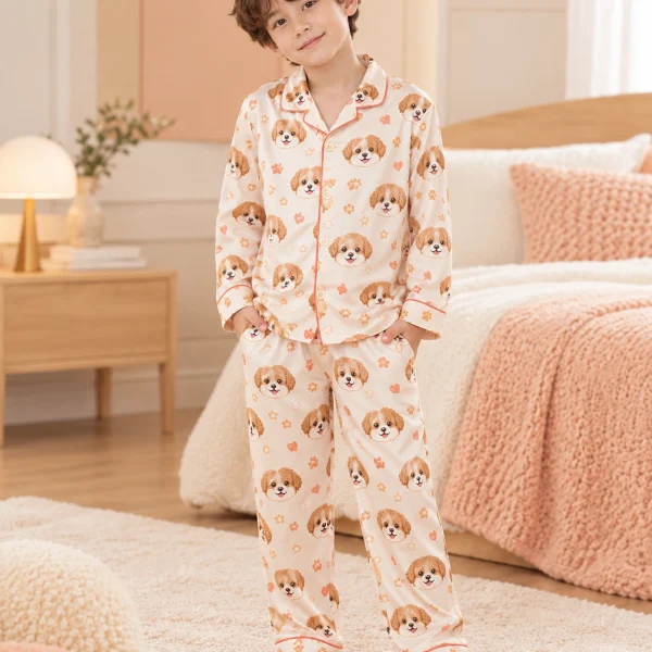 Child wearing puppy pajamas covered in brown-and-white puppy faces on cream satin with coral hearts — MyDogPics