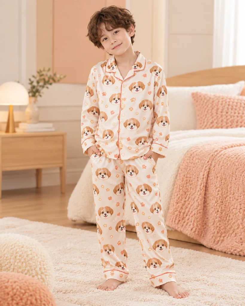 Child wearing puppy pajamas covered in brown-and-white puppy faces on cream satin with coral hearts — MyDogPics