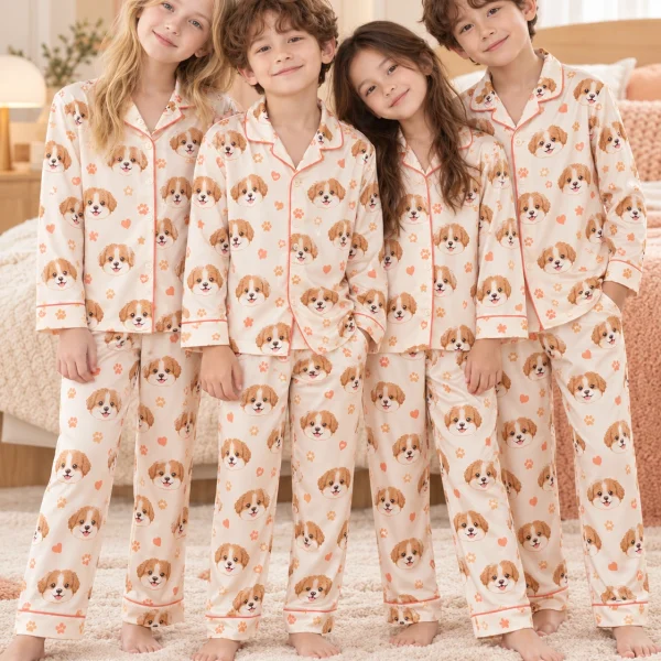 Kids in matching puppy pajamas with brown-and-white puppy faces on cream satin with coral hearts — MyDogPics