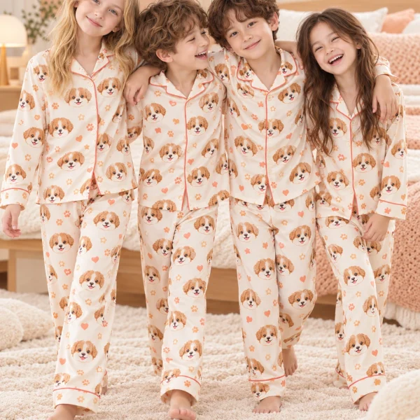 Kids in matching puppy pajamas with brown-and-white puppy faces on cream satin with coral hearts — MyDogPics