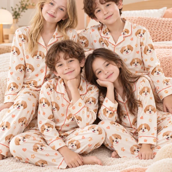 Kids in matching puppy pajamas with brown-and-white puppy faces on cream satin with coral hearts — MyDogPics