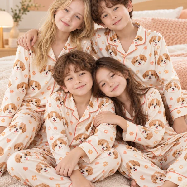 Kids in matching puppy pajamas with brown-and-white puppy faces on cream satin with coral hearts — MyDogPics
