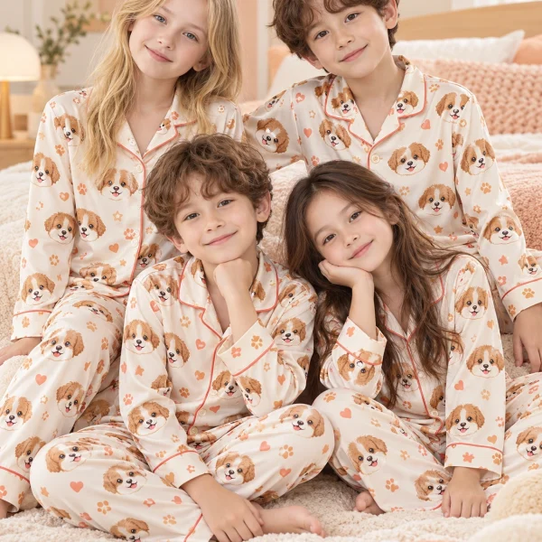 Kids in matching puppy pajamas with brown-and-white puppy faces on cream satin with coral hearts — MyDogPics
