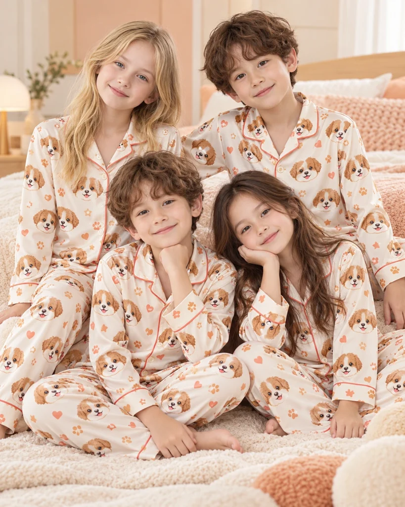 Kids in matching puppy pajamas with brown-and-white puppy faces on cream satin with coral hearts — MyDogPics