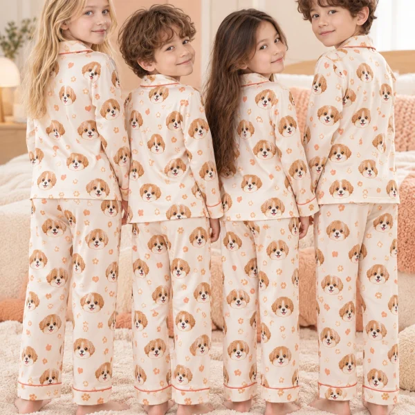 Back view of kids in puppy pajamas with brown-and-white puppy faces — MyDogPics