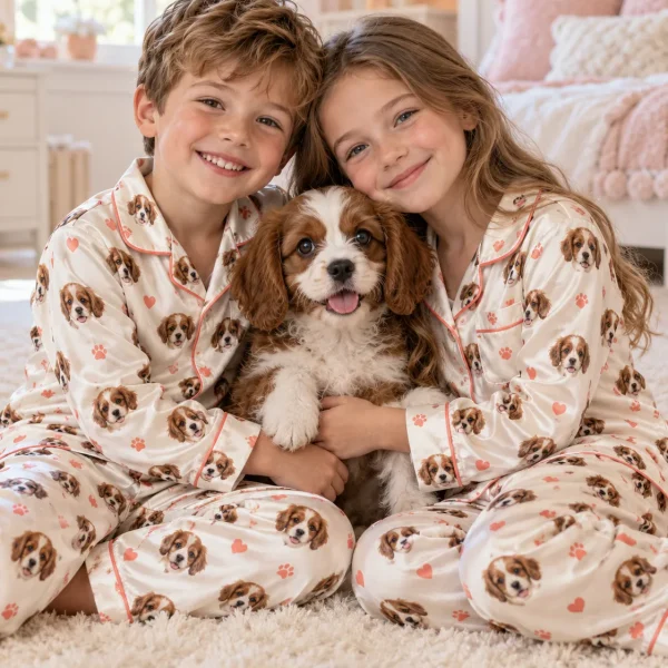 Two kids in cream puppy pajamas with coral hearts cuddling their brown-and-white puppy — MyDogPics
