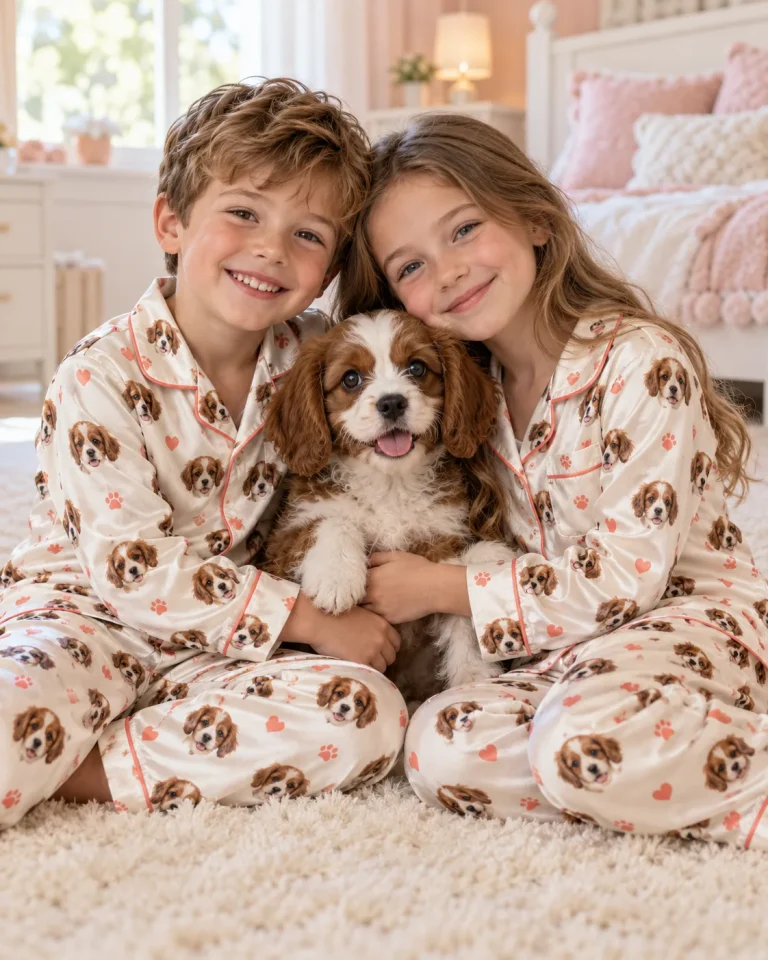 Two kids in cream puppy pajamas with coral hearts cuddling their brown-and-white puppy — MyDogPics