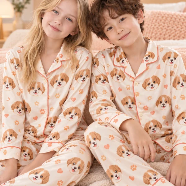 Two kids in puppy pajamas with brown-and-white puppy faces on cream satin with coral hearts — MyDogPics