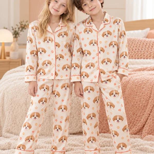 Two kids in puppy pajamas with brown-and-white puppy faces on cream satin with coral hearts — MyDogPics