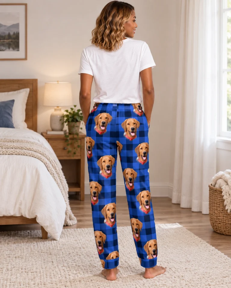 Back view of red pajama pants: the print continues all the way round — MyDogPics