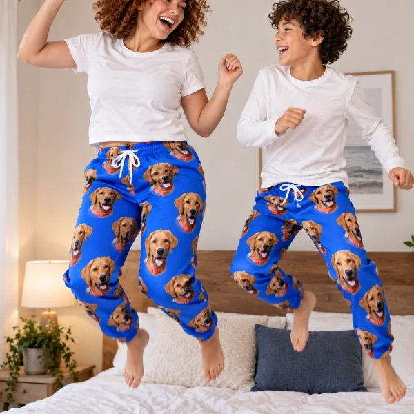 Woman and her son in matching red pajama pants with golden retriever faces on royal blue fabric — MyDogPics