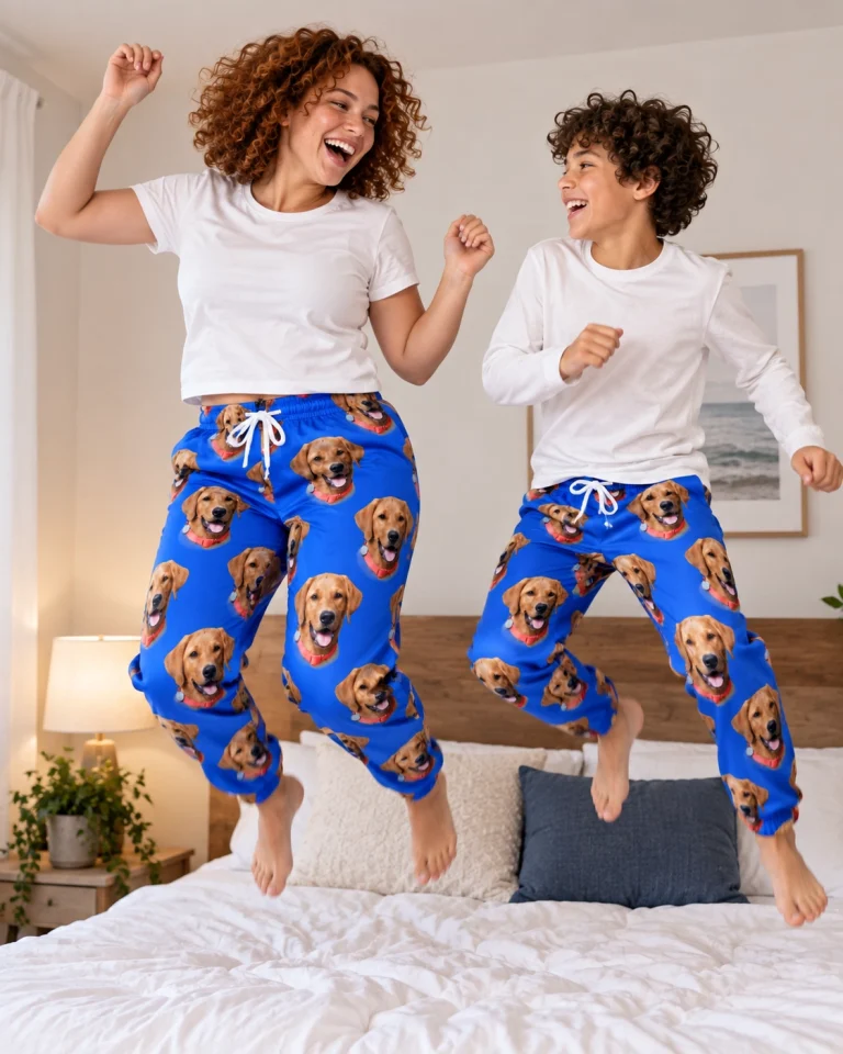 Woman and her son in matching red pajama pants with golden retriever faces on royal blue fabric — MyDogPics