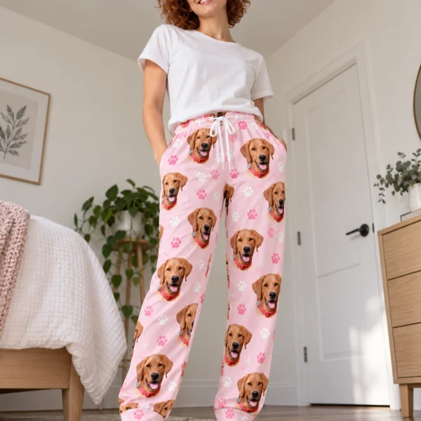 Woman wearing red pajama pants covered in golden retriever faces on blush pink paw-print fabric — MyDogPics