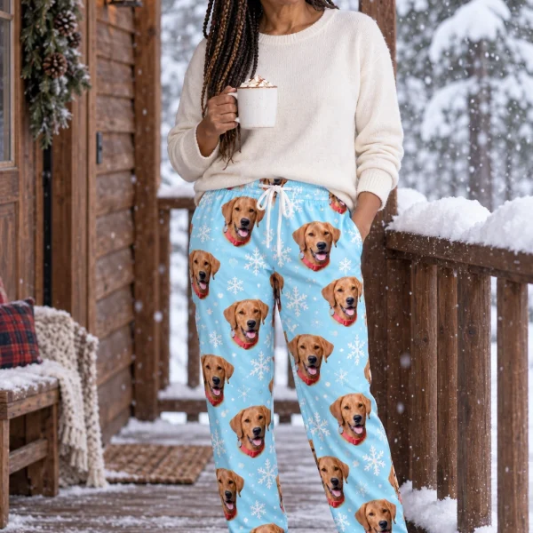 Woman wearing red pajama pants covered in golden retriever faces on light blue snowflake fabric — MyDogPics