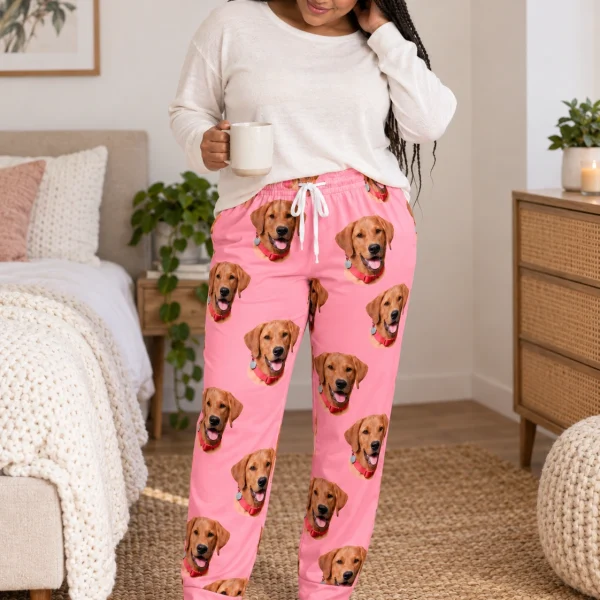 Woman wearing red pajama pants covered in golden retriever faces on pink fabric — MyDogPics